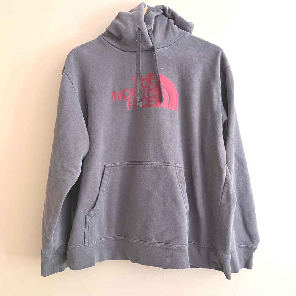 The North Face Mens XL Hoodie Charcoal Grey Red Logo Pullover Sweatshirt Fleece